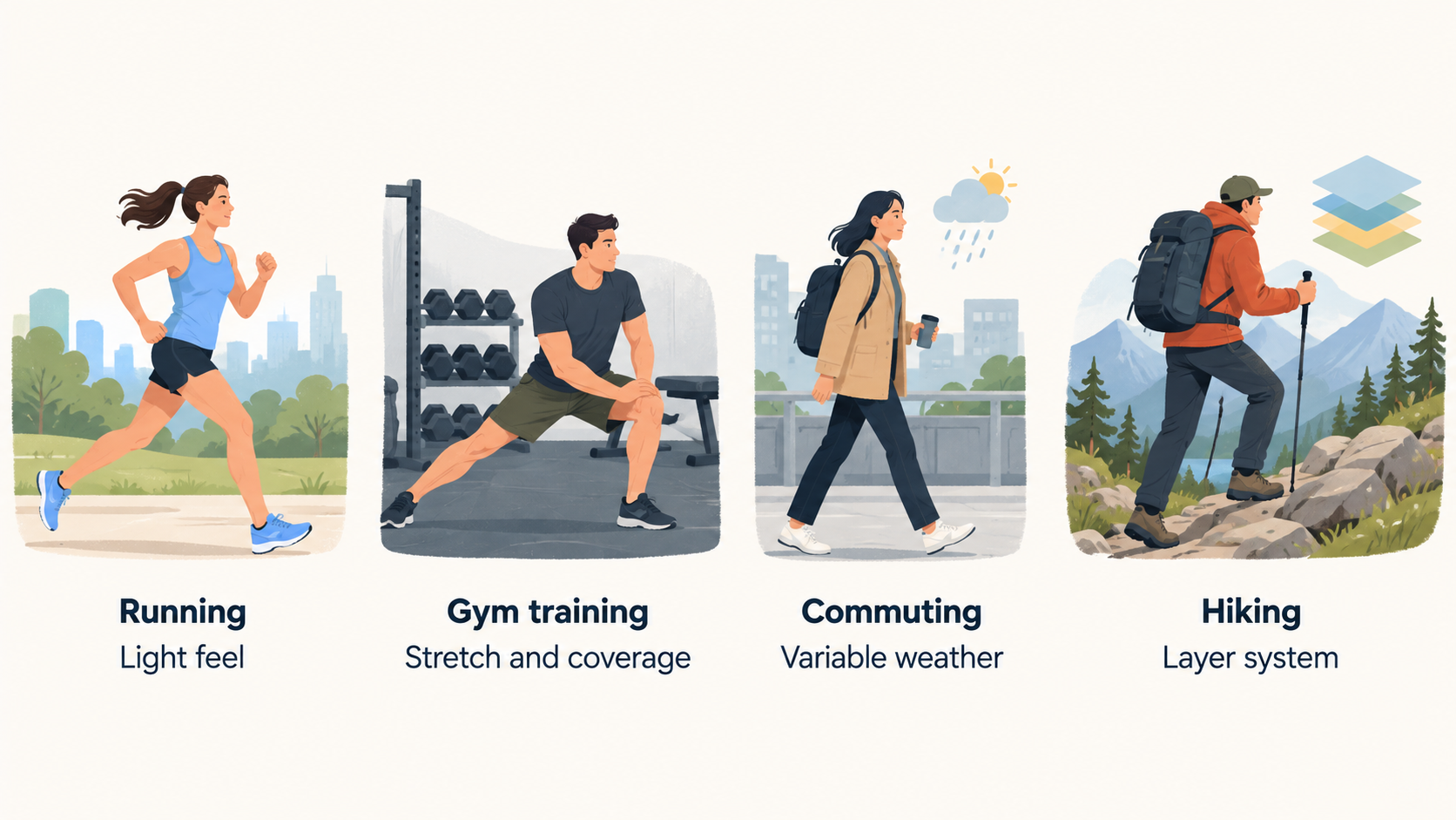 Show one horizontal row of four simple icons labelled “Running,” “Gym training,” “Commuting” and “Hiking.”