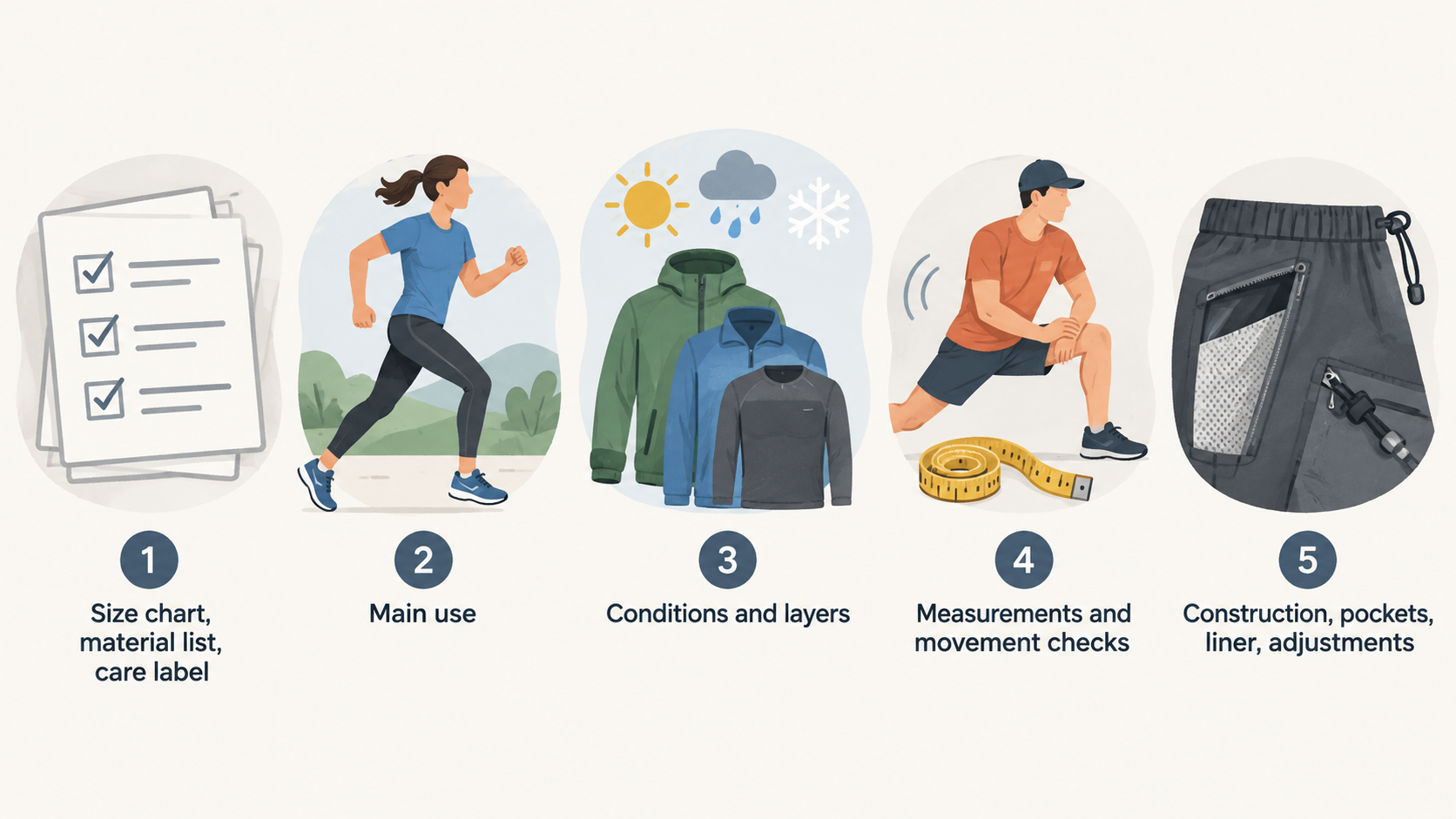 A single numbered checklist to narrow an apparel choice before ordering, using the section’s stated activity, conditions, fit checks, garment details, and try-on points.
