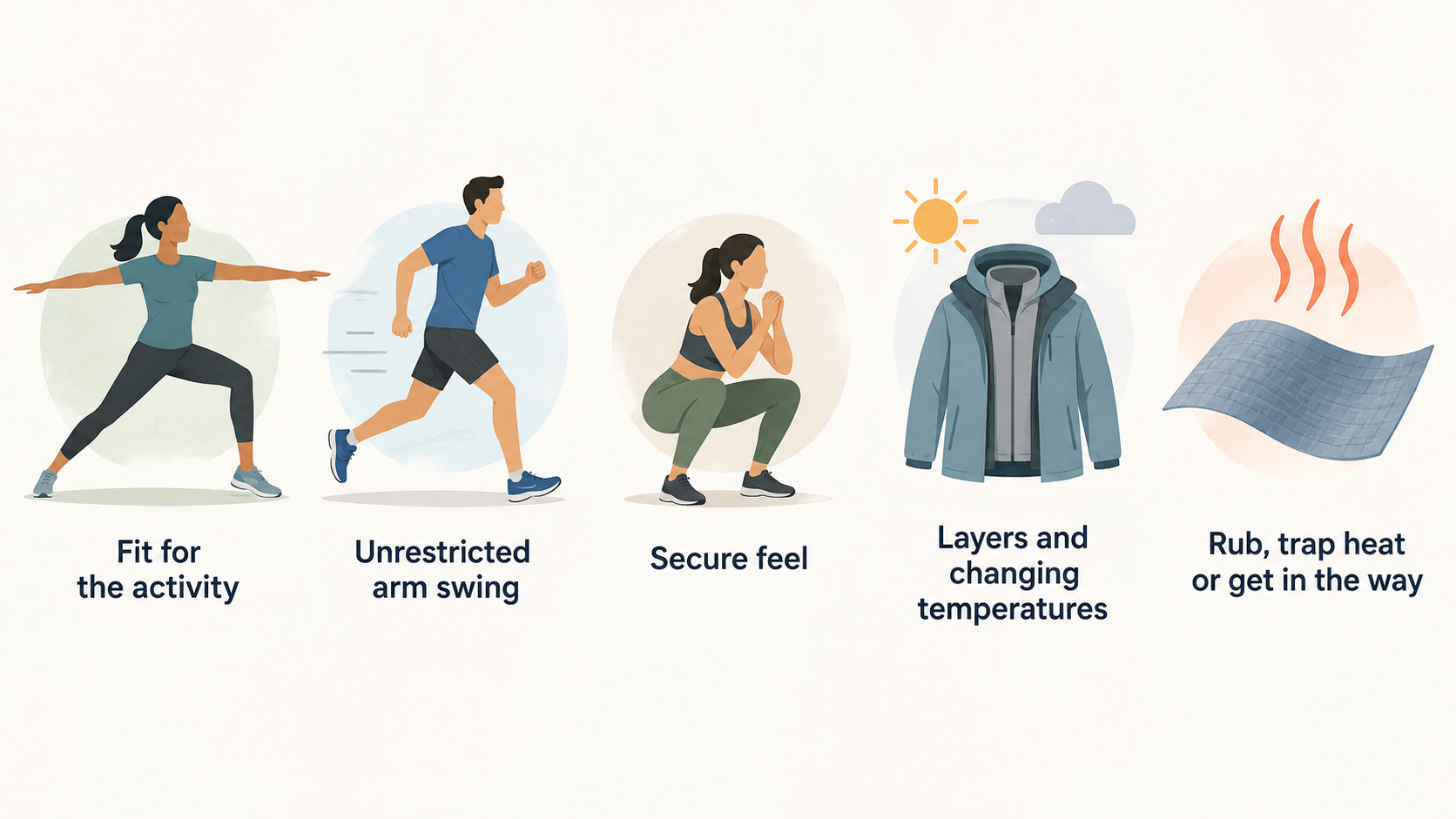 A single numbered checklist for checking activity, warm-session fit, and cooler or wet-weather layering using the points stated in the section.