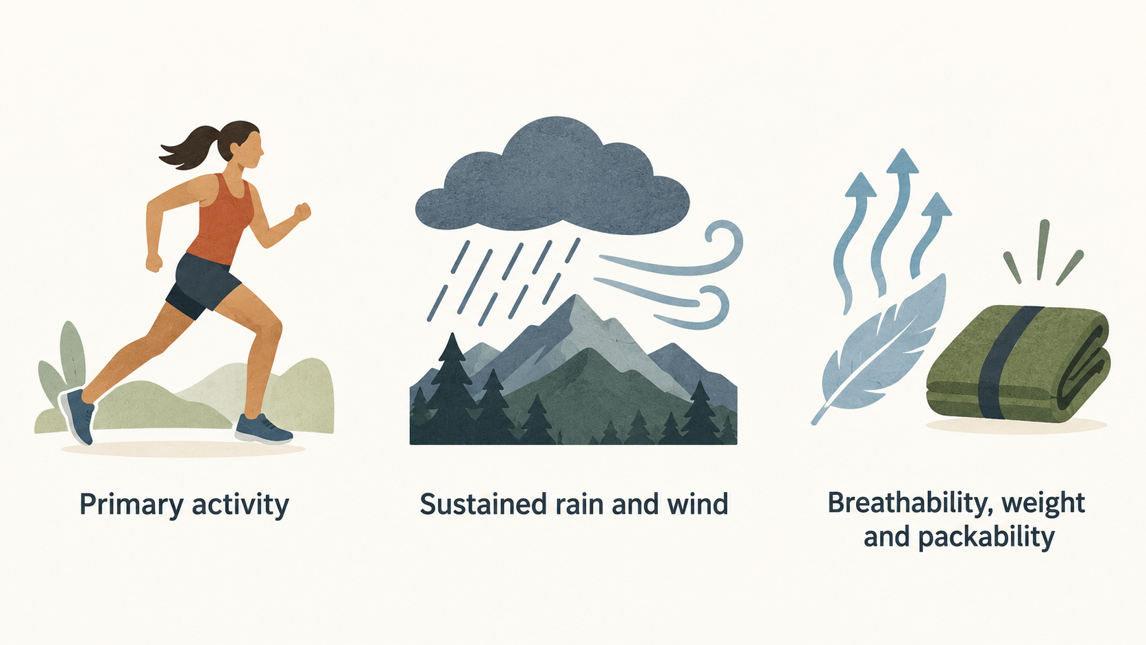 Make the section’s five stated selection criteria scannable in one numbered checklist: primary activity; movement; liner preference; likely weather exposure; ventilation and