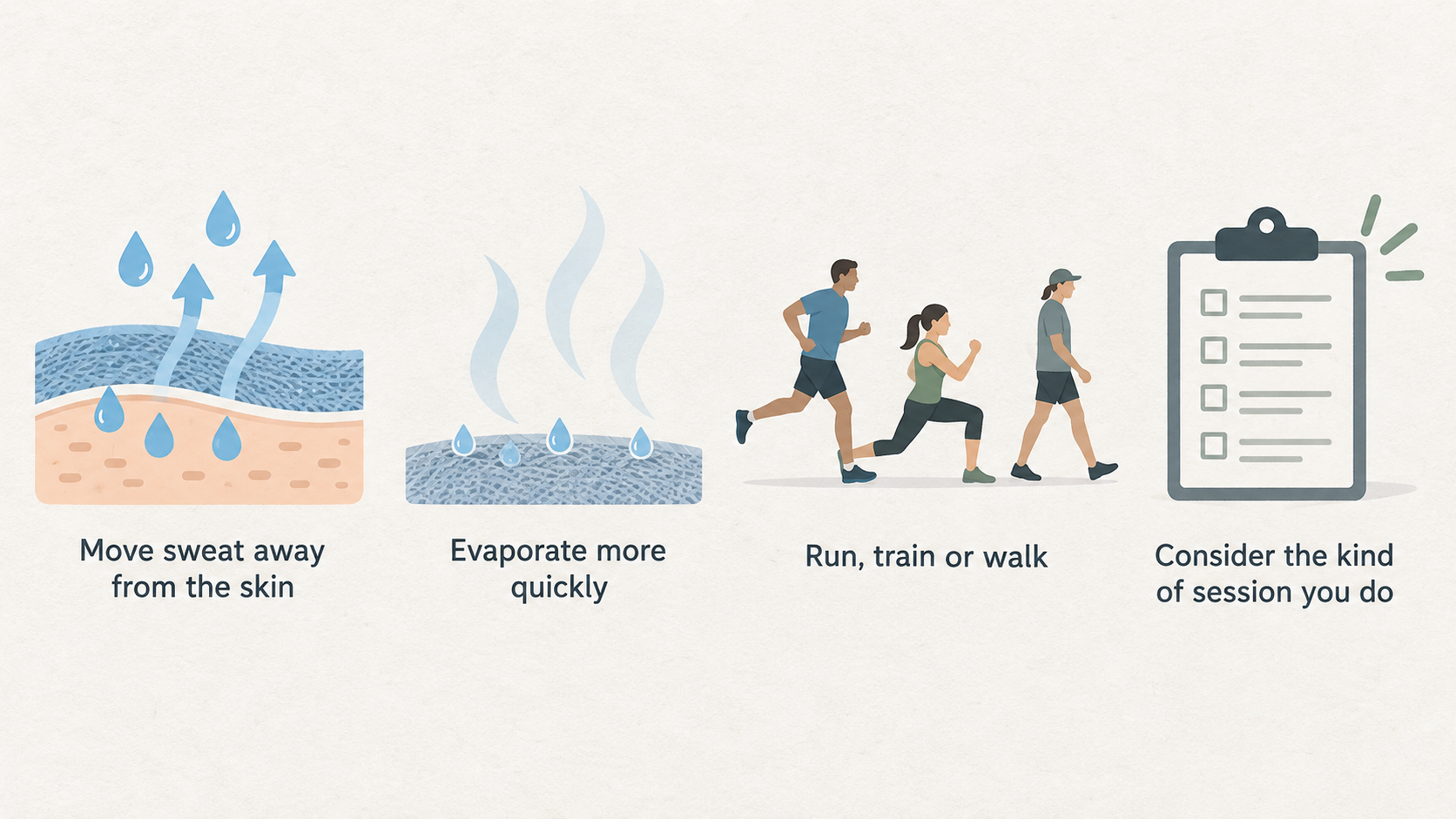 One row of icons with short labels for the four session examples the section names, showing the different contexts in which sweat expectations may matter.