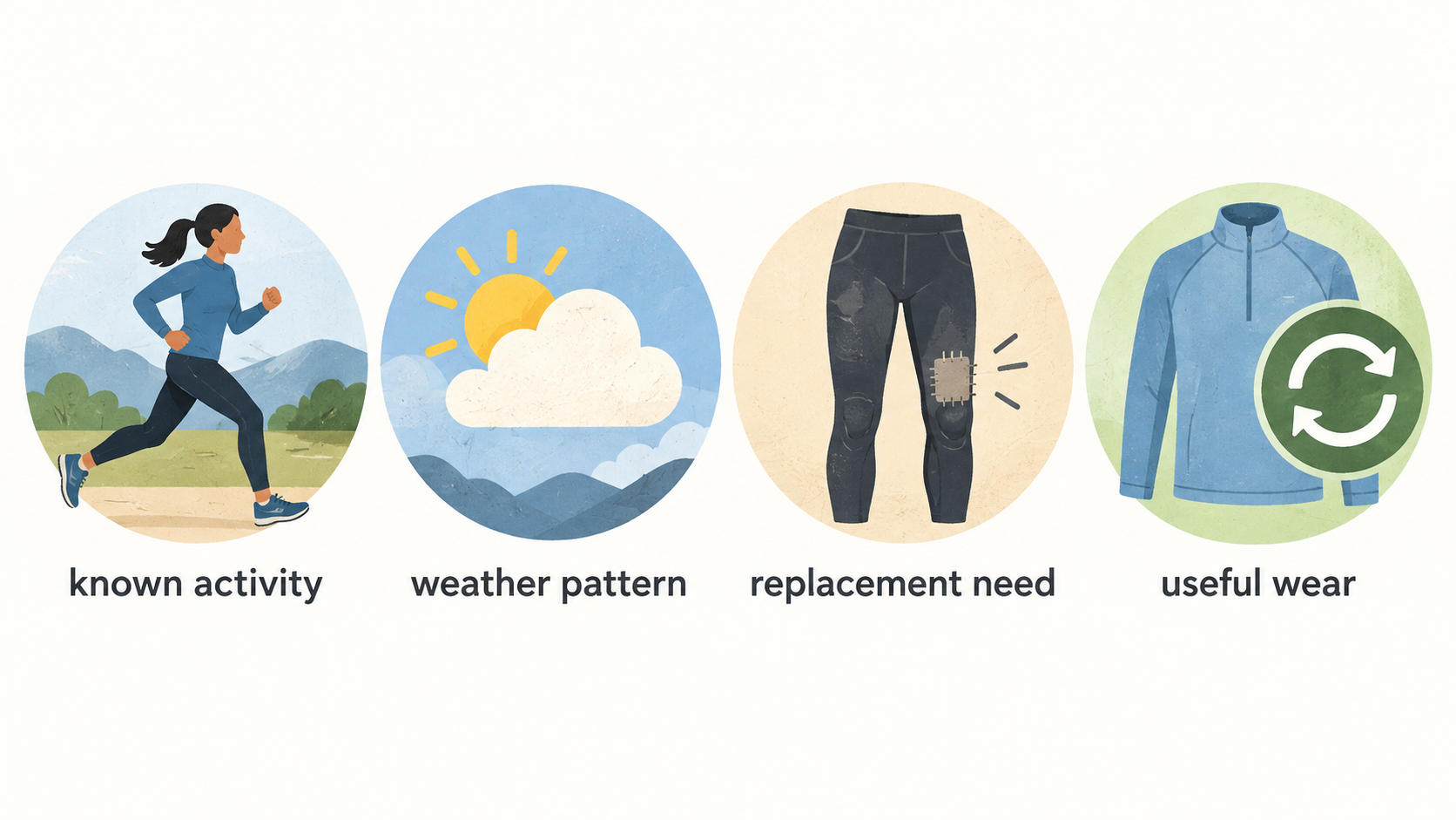 Show the section’s three stated considerations for whether apparel supports enough repeat use to justify its cost: known activity, weather pattern, and replacement need.