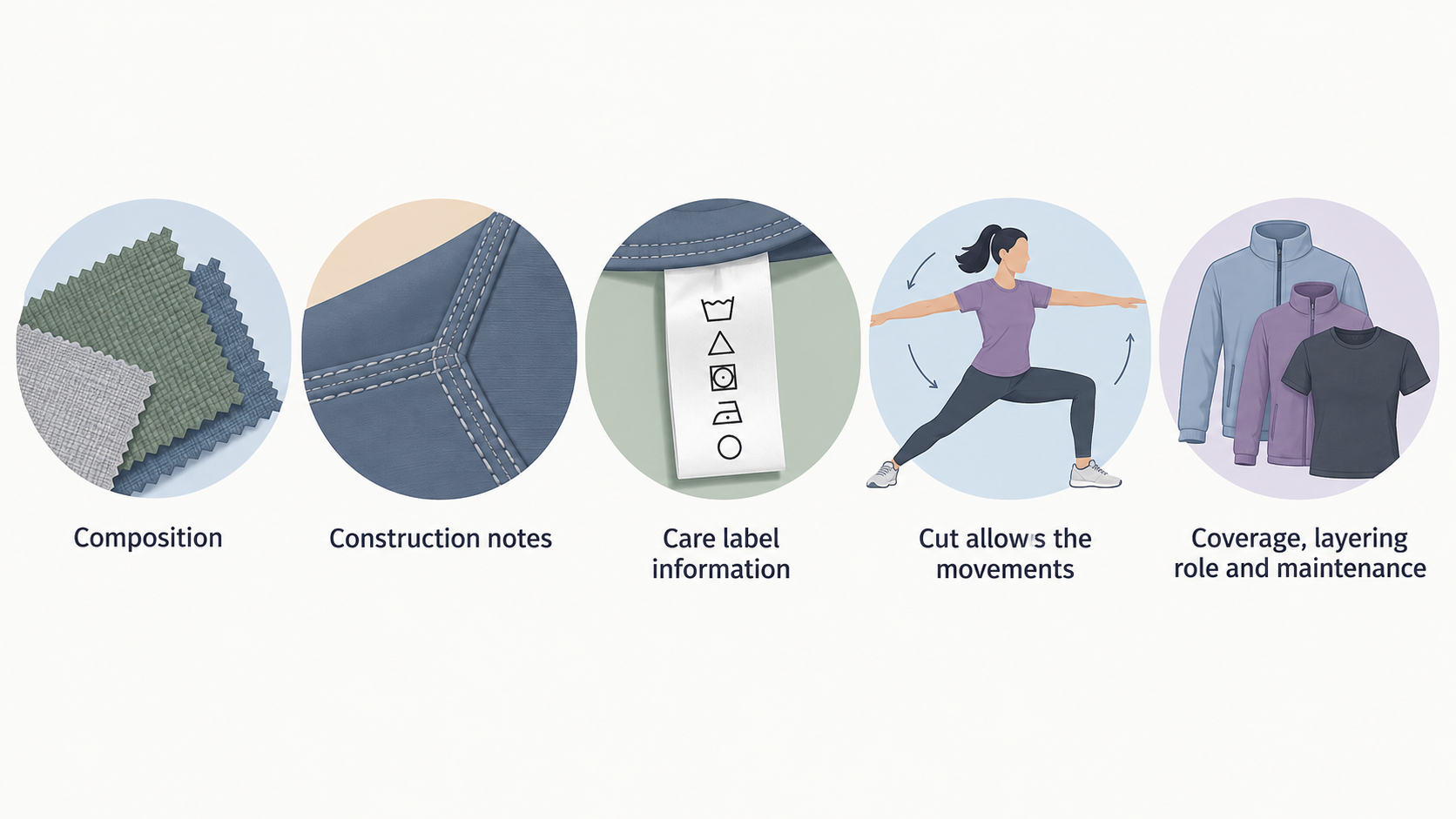One row of five icons labeled with the section’s stated checks: composition; construction notes; care label information; intended activity; compare against your actual kit.