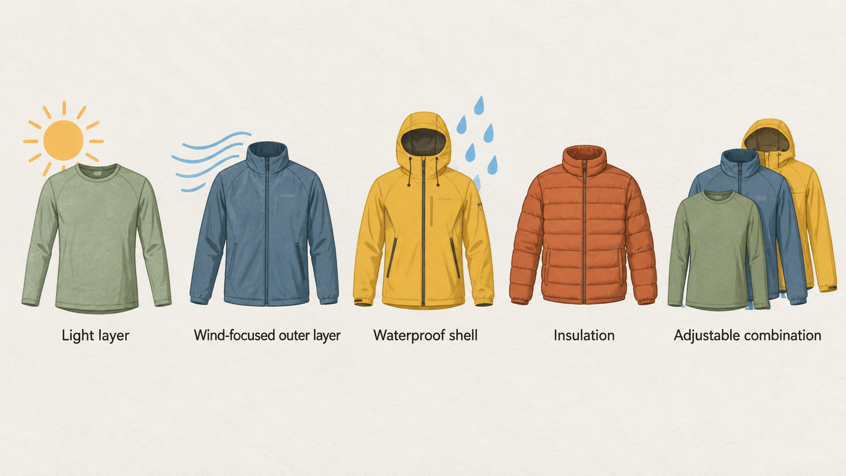 Show one simple timeline with four labelled points in this order: “Starting cold,” “Warming up,” “Stopping for a break” and “Weather change.”