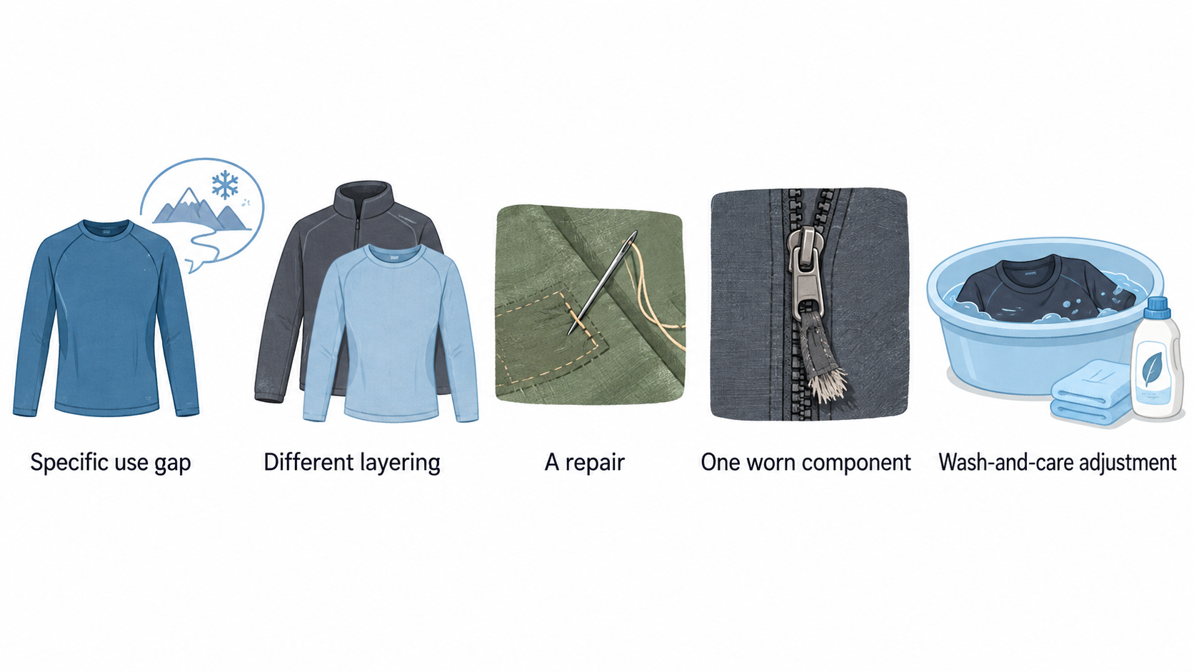 Show three examples of specific use gaps stated in the section in one row of labeled icons: predictable temperature range, longer-session comfort, and a hiking shell that fits over
