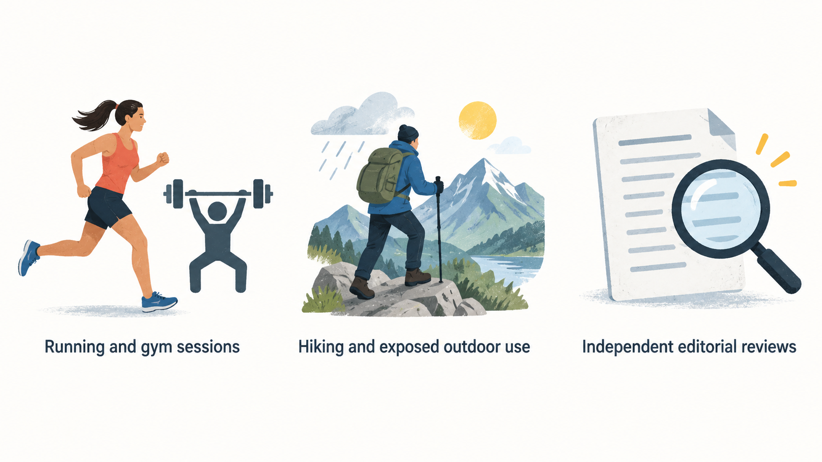 Visually distinguish the two shortlist use cases stated in the section: flexible shorts for running and gym sessions, and a weather shell for hiking and other exposed outdoor use.