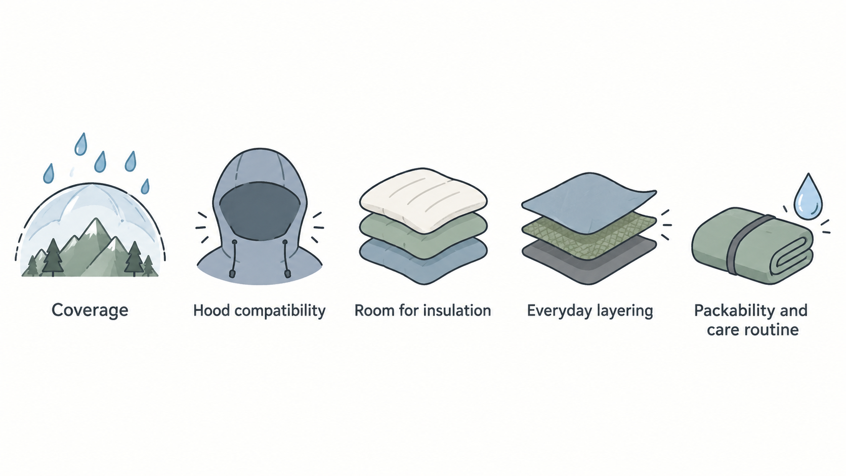 One row of three simple icons labeled “hardshells”, “windshells” and “softshells”, illustrating that shell jackets cover a broad buying category.