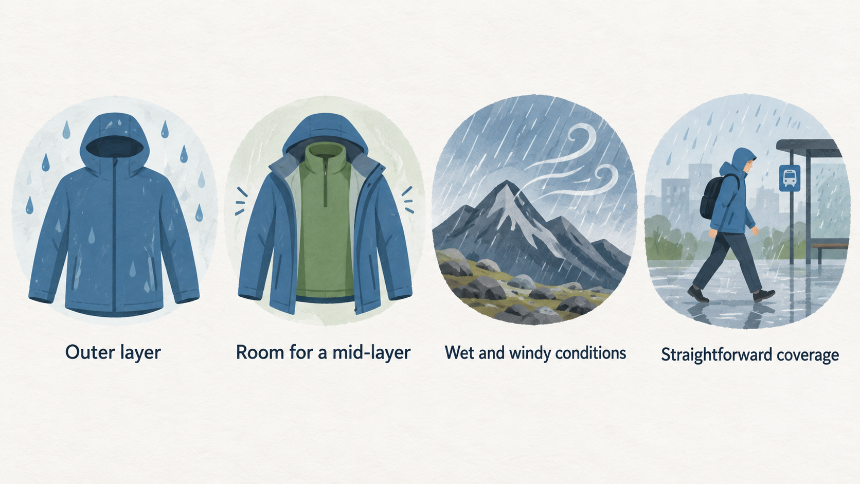 Show one horizontal row of four simple icons labeled: “outer layer for keeping weather off your clothing,” “room for a mid-layer underneath,” “wet and windy conditions,” and